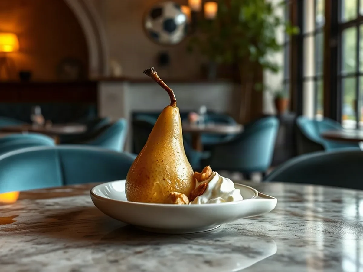 Poached pear, honey cream and toasted hazelnuts on pale ceramic in gentle lamplight.