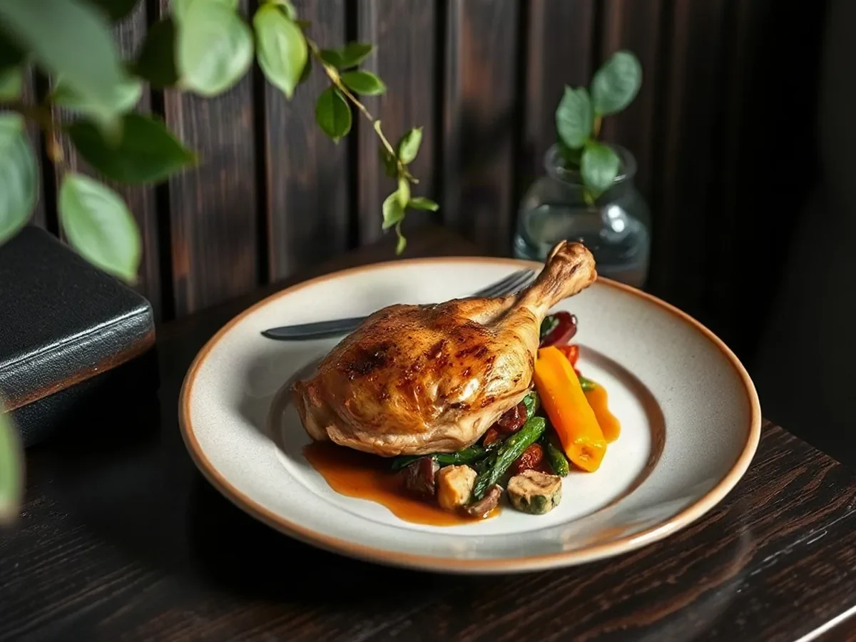 Golden roast chicken with spring vegetables and mustard jus on a pale plate.