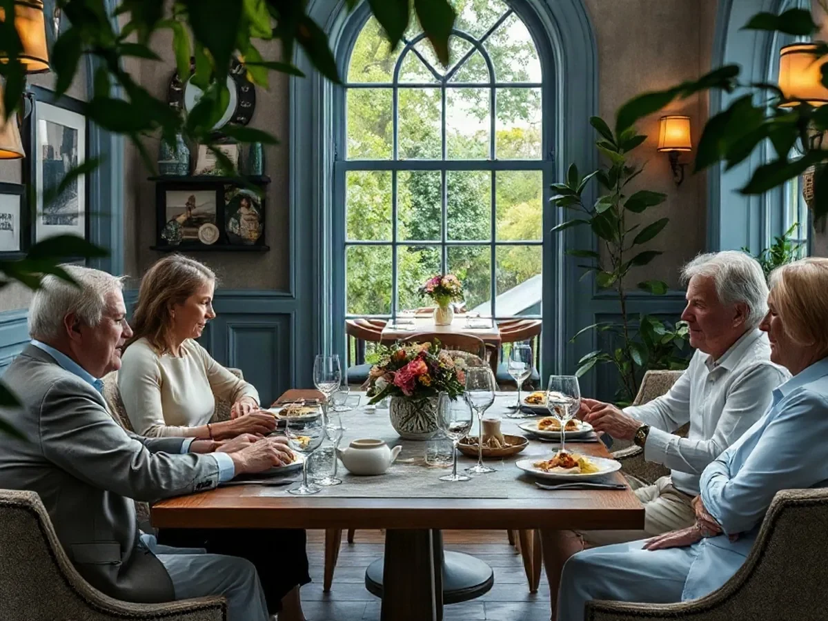 Adults sharing a meal beside leafy screens, pale stone and warm shaded lamps.