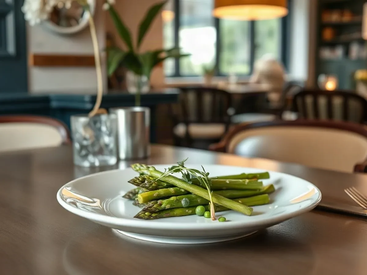 Asparagus and peas with tarragon on pale ceramic in soft, natural dining light.