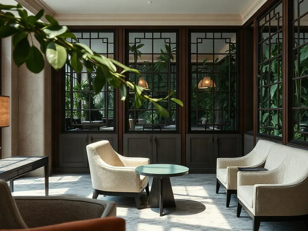 Softly textured lounge chairs and a small table beside leafy screens in warm light.