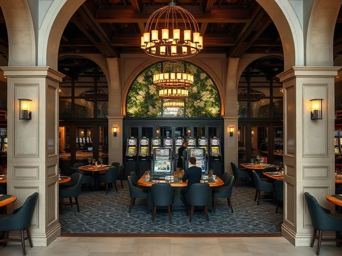 Table-game areas and slot machines across a bright casino floor with leafy screens and shaded lamps.